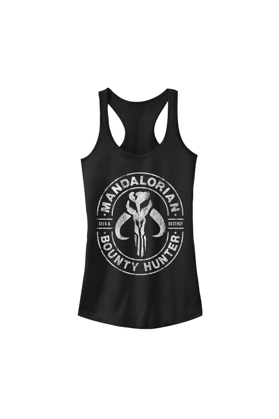 Junior's Star Wars: The Mandalorian Seek & Destroy Stamp Racerback Tank Top Black Large