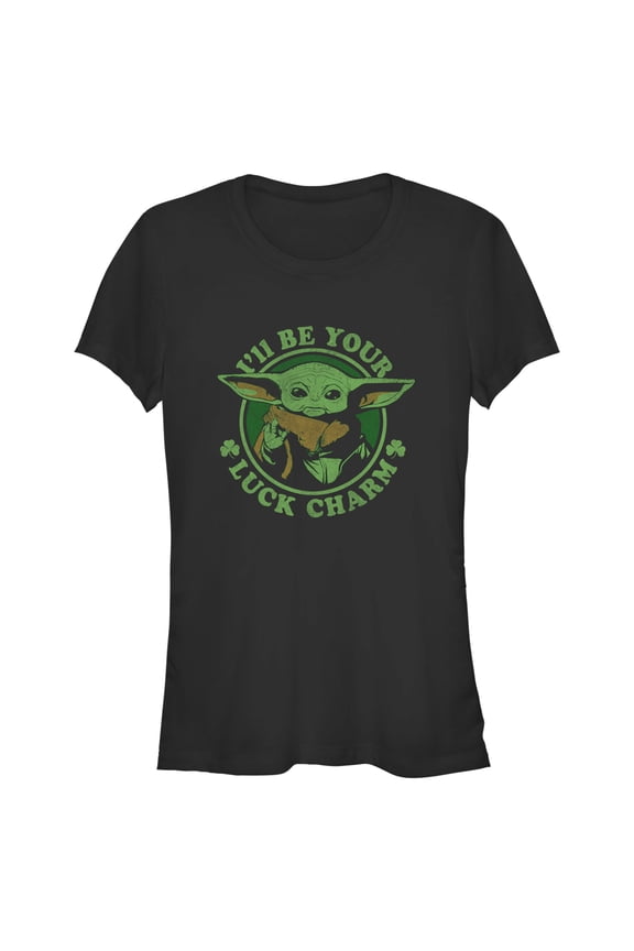 Junior's Star Wars: The Mandalorian St. Patrick's Day Grogu I'll be your Lucky Charm Graphic Tee Black Small