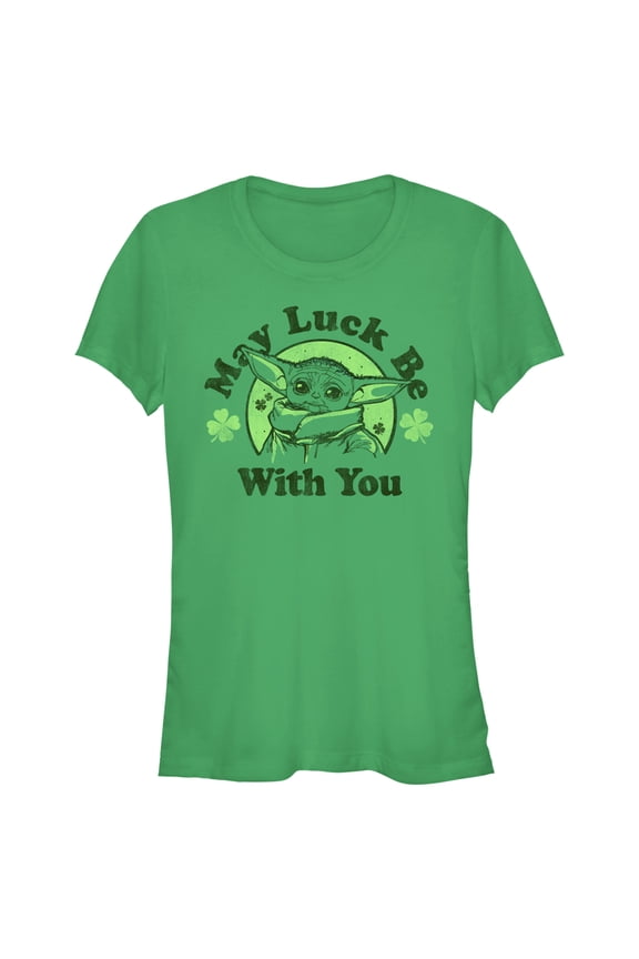 Junior's Star Wars: The Mandalorian St. Patrick's Day Grogu May Luck be with You Distressed Graphic Tee Kelly Green Medium