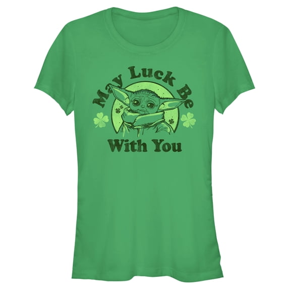 Junior's Star Wars: The Mandalorian St. Patrick's Day Grogu May Luck be with You Distressed Graphic Tee Kelly Green X Large