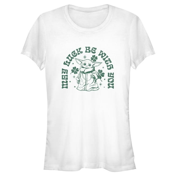 Junior's Star Wars: The Mandalorian St. Patrick's Day Grogu May Luck be with You Retro  Graphic Tee White 2X Large