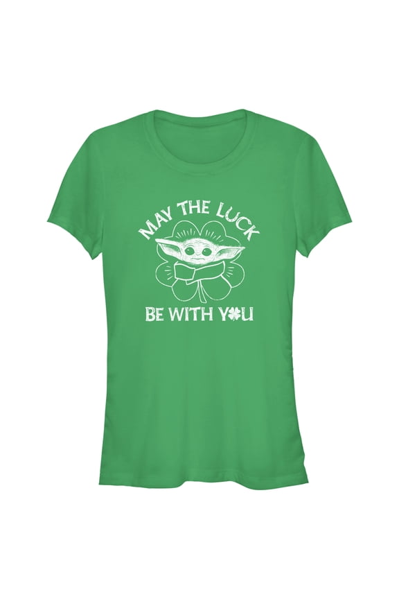 Junior's Star Wars: The Mandalorian St. Patrick's Day Grogu May the Luck be with You Distressed Graphic Tee Kelly Green Large