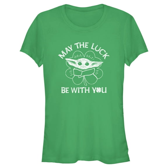 Junior's Star Wars: The Mandalorian St. Patrick's Day Grogu May the Luck be with You Distressed  Graphic Tee Kelly Green X Large