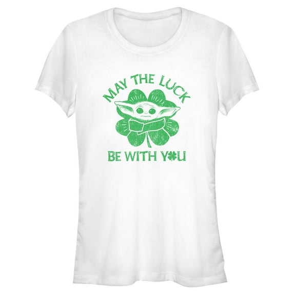 Junior's Star Wars: The Mandalorian St. Patrick's Day Grogu May the Luck be with You Retro Graphic Tee White 2X Large