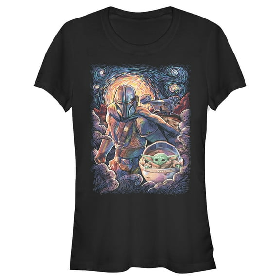 Junior's Star Wars: The Mandalorian Starry Night Best Friend Portrait  Graphic Tee Black X Large