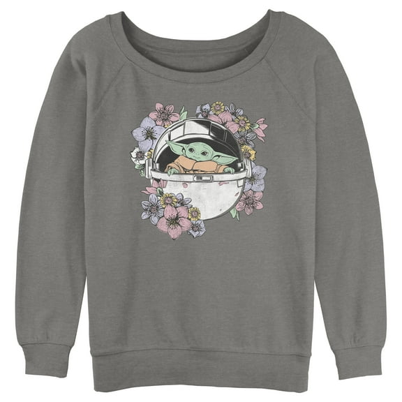 Junior's Star Wars: The Mandalorian The Child Floral Bassinet Sweatshirt Gray Heather Small