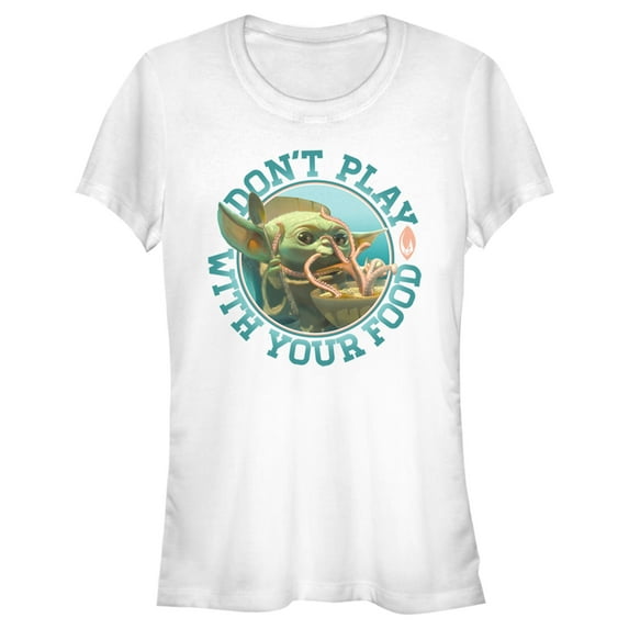 Junior's Star Wars: The Mandalorian The Child Playing With Food Graphic Tee White Medium