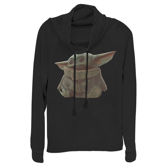 Junior's Star Wars: The Mandalorian The Child Portrait Cowl Neck Sweatshirt Black X Small