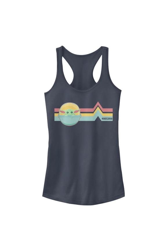 Junior's Star Wars: The Mandalorian The Child Retro Stripes Racerback Tank Top Indigo Medium