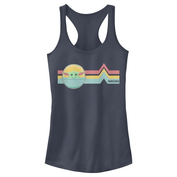 Junior's Star Wars: The Mandalorian The Child Retro Stripes Racerback Tank Top Indigo X Large