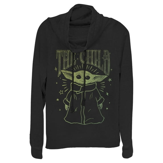 Junior's Star Wars: The Mandalorian The Child Sparkles Cowl Neck Sweatshirt Black Small