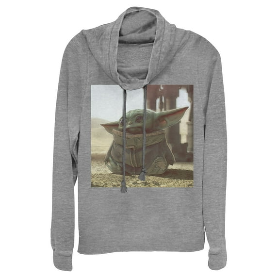 Junior's Star Wars: The Mandalorian The Child Square Frame Cowl Neck Sweatshirt Gray Heather Small