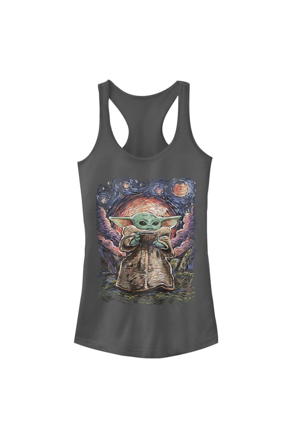 Junior's Star Wars: The Mandalorian The Child Starry Night Racerback Tank Top Charcoal X Large