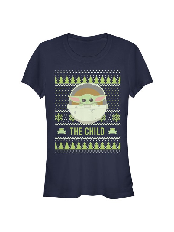 Junior's Star Wars The Mandalorian The Child Ugly Christmas Frog Graphic Tee Navy Blue Small