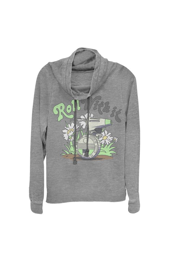 Junior's Star Wars: The Rise of Skywalker D-0 Roll With It Cowl Neck Sweatshirt Gray Heather Medium