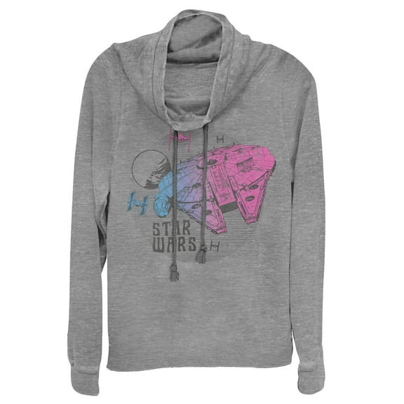 Junior's Star Wars: The Rise of Skywalker Ombre Millennium Falcon  Cowl Neck Sweatshirt Gray Heather 4X Large