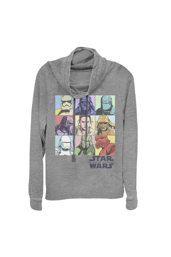 Junior's Star Wars: The Rise of Skywalker Pastel Character Bingo Cowl Neck Sweatshirt Gray Heather Large