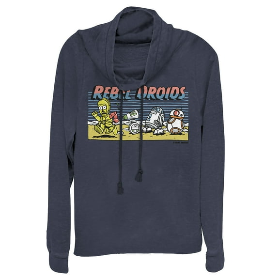 Junior's Star Wars: The Rise of Skywalker Rebel Droids Cartoon Cowl Neck Sweatshirt Navy Blue 2X Large