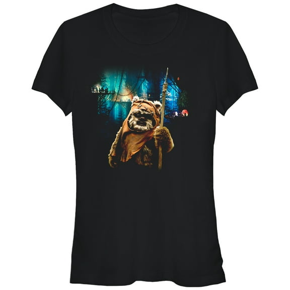 Junior's Star Wars Tree Village Wicket Ewok Graphic Tee Black Medium