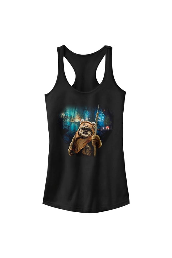 Junior's Star Wars Tree Village Wicket Ewok Racerback Tank Top Black X Large