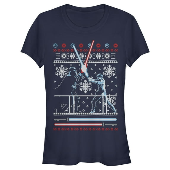 Junior's Star Wars Ugly Christmas Duel Graphic Tee Navy Blue Medium