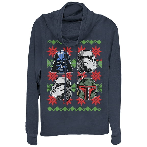 Junior's Star Wars Ugly Christmas Empire Helmet Cowl Neck Sweatshirt Navy Blue Large
