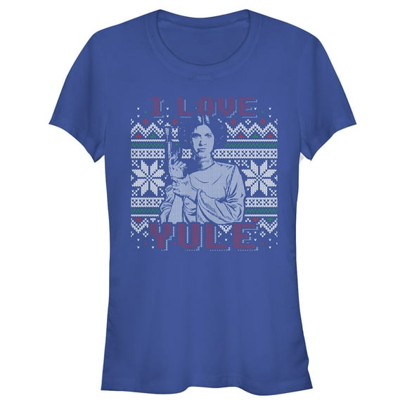 Junior's Star Wars Ugly Christmas Leia I Love Yule  Graphic Tee Royal Blue X Large