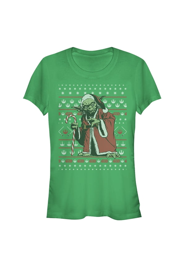 Junior's Star Wars Ugly Christmas Santa Yoda  Graphic Tee Kelly Green Medium