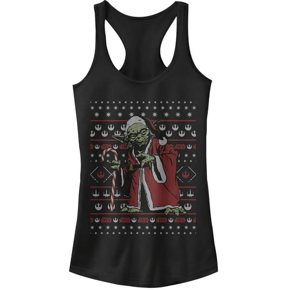 Junior's Star Wars Ugly Christmas Santa Yoda Racerback Tank Top Black Large