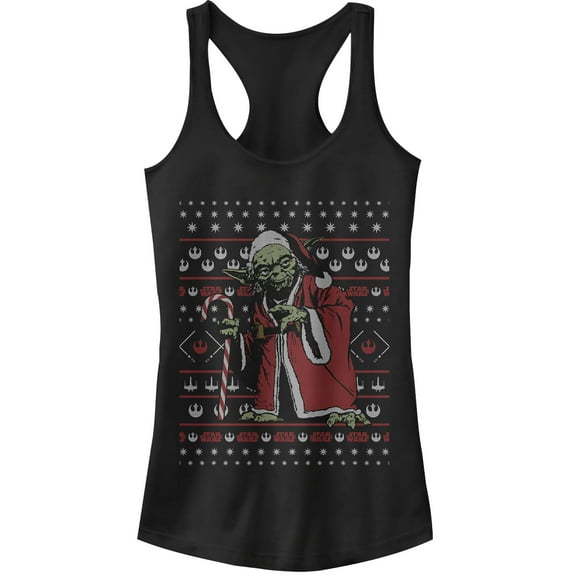 Junior's Star Wars Ugly Christmas Santa Yoda Racerback Tank Top Black Medium