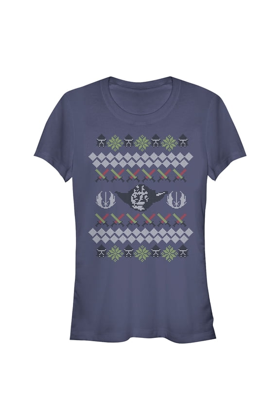 Junior's Star Wars Ugly Christmas Yoda  Graphic Tee Navy Blue Medium