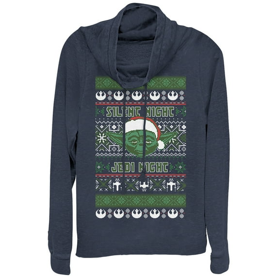 Junior's Star Wars Ugly Christmas Yoda Night Cowl Neck Sweatshirt Navy Blue Large