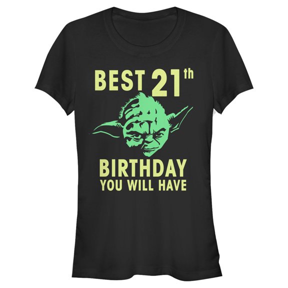 Junior's Star Wars Yoda Best 21st Birthday You Will Have Stencil Graphic Tee Black Medium