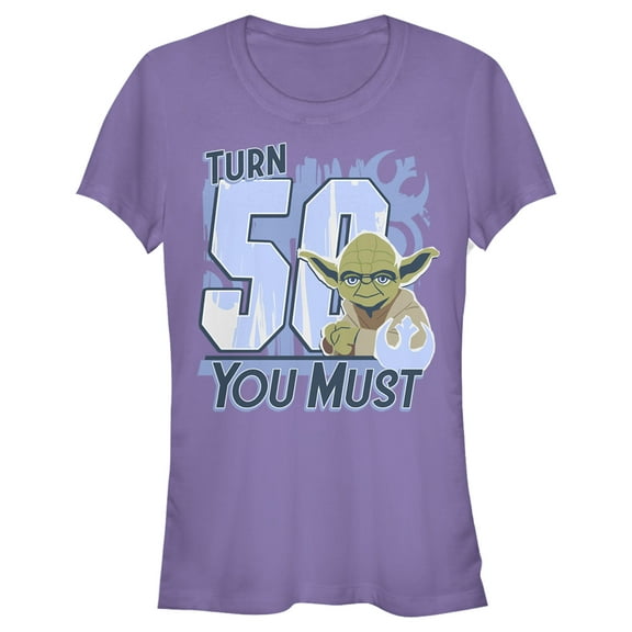 Junior's Star Wars Yoda Turn 50 You Must Rebel Logo Portrait Graphic Tee Purple Small