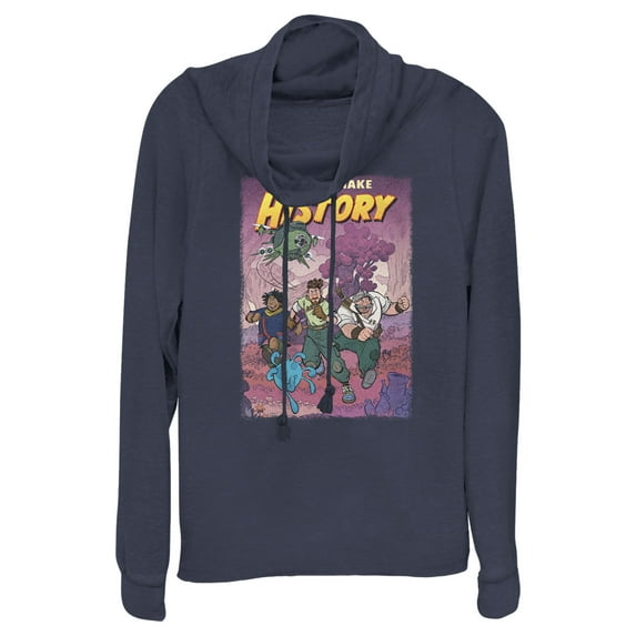 Junior's Strange World Let's Go Make History Cowl Neck Sweatshirt Navy Blue Small