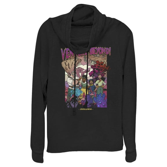 Junior's Strange World Venture Beyond Group  Cowl Neck Sweatshirt Black Medium