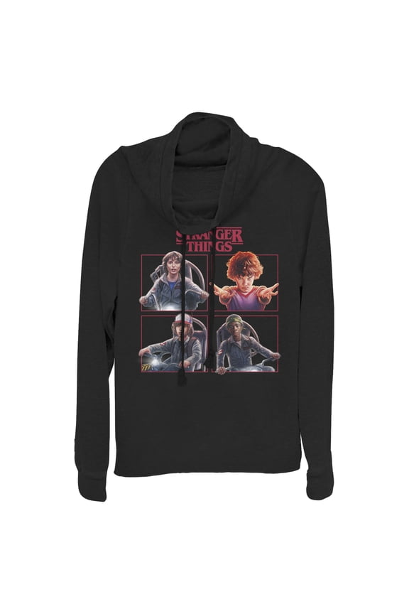 Netflix Junior's Stranger Things Character Squares Cowl Neck Sweatshirt Black X Small