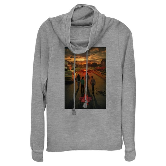 Netflix Junior's Stranger Things Four Friends Rift Apocalypse Poster Cowl Neck Sweatshirt Gray Heather X Large