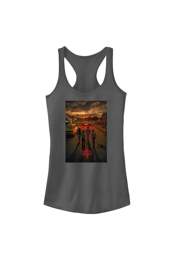 Netflix Junior's Stranger Things Four Friends Rift Apocalypse Poster Racerback Tank Top Charcoal / Apocalypse Medium