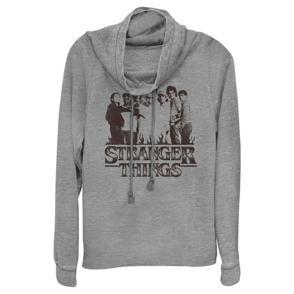 Netflix Junior's Stranger Things Group Shot and Flaming Logo Cowl Neck Sweatshirt Gray Heather 3X Large