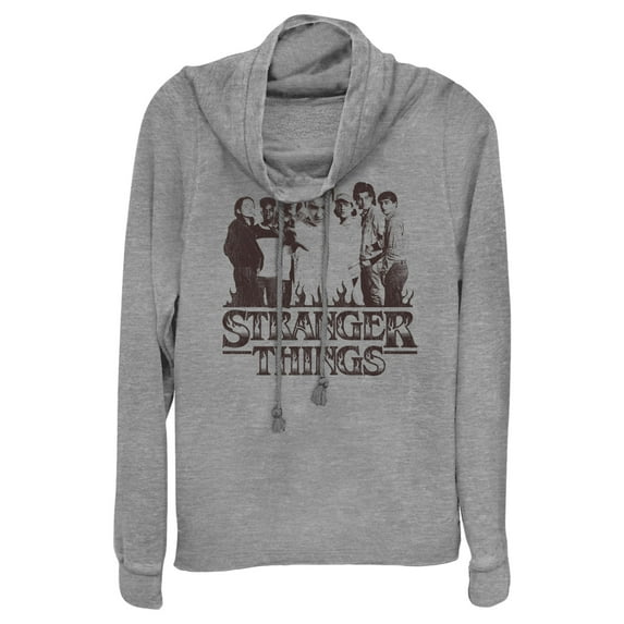 Netflix Junior's Stranger Things Group Shot and Flaming Logo Cowl Neck Sweatshirt Gray Heather Large