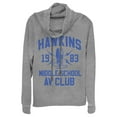 thumbnail image 1 of Netflix Junior's Stranger Things Hawkins AV Club 1983 Cowl Neck Sweatshirt Gray Heather 4X Large, 1 of 3