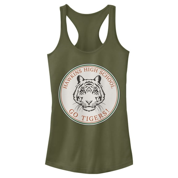 Netflix Junior's Stranger Things Hawkins High School Go Tigers Racerback Tank Top Military Green Medium