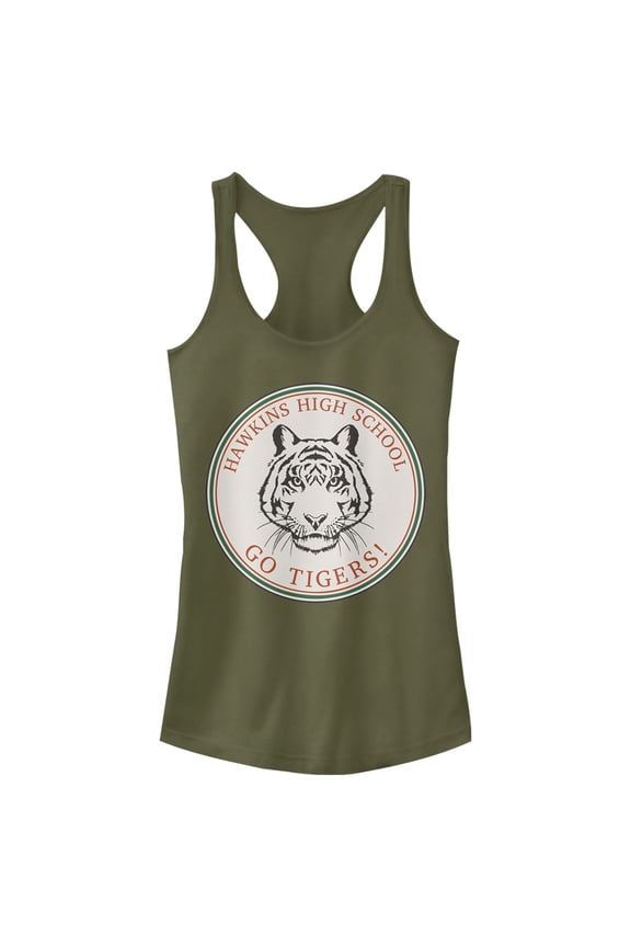 Netflix Junior's Stranger Things Hawkins High School Go Tigers Racerback Tank Top Military Green Medium