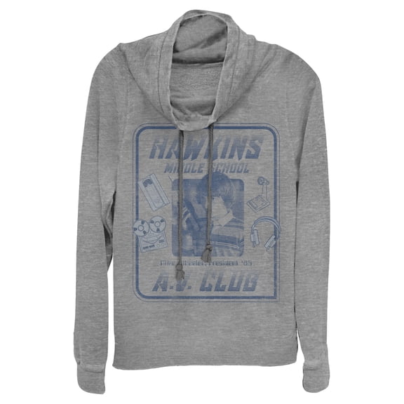Netflix Junior's Stranger Things Hawkins Middle School A.V. Club Cowl Neck Sweatshirt Gray Heather Small