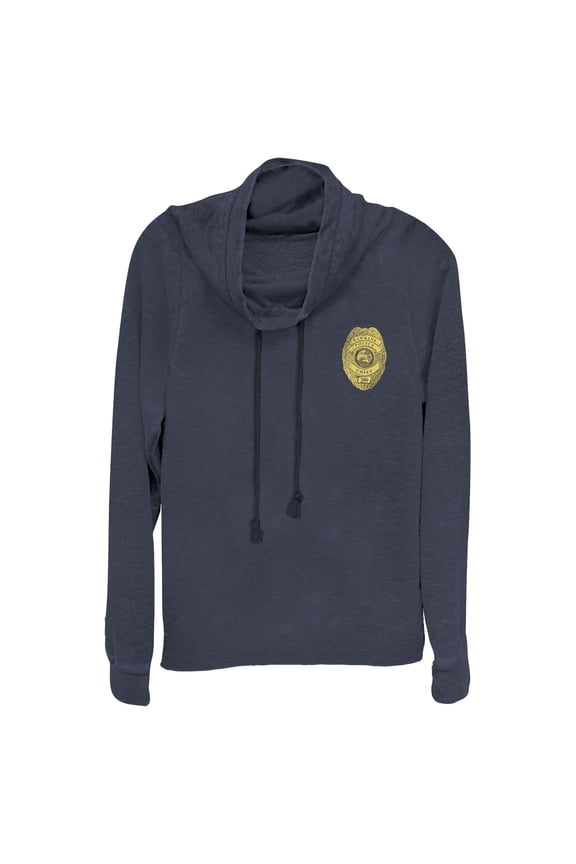 Netflix Junior's Stranger Things Hawkins Police Badge Costume Cowl Neck Sweatshirt Navy Blue Medium