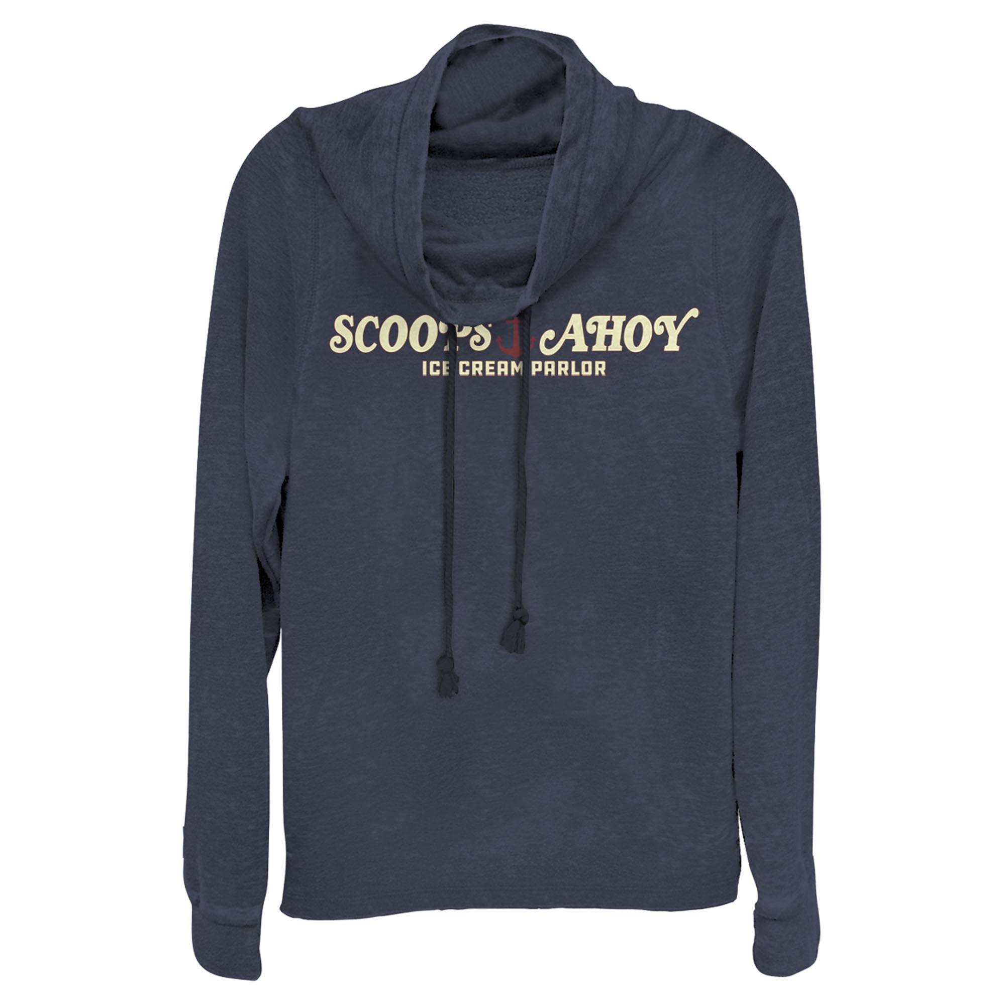 Junior's Stranger Things Scoops Ahoy Nautical Logo Cowl Neck Sweatshirt