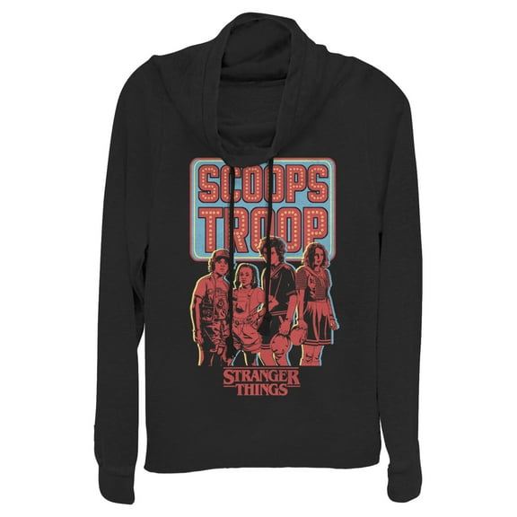Netflix Junior's Stranger Things Scoops Troop Character Pose Cowl Neck Sweatshirt Black 2X Large