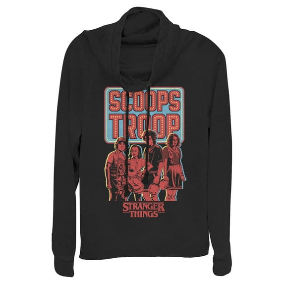 Netflix Junior's Stranger Things Scoops Troop Character Pose Cowl Neck Sweatshirt Black Medium