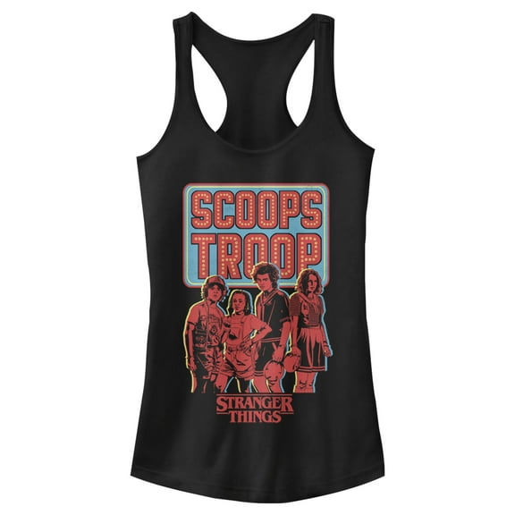 Netflix Junior's Stranger Things Scoops Troop Character Pose Racerback Tank Top Black 2X Large